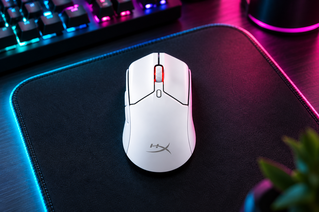 HyperX Pulsefire Haste 2 Smartchoice white wireless gaming mouse on a cyan and magenta gaming desk