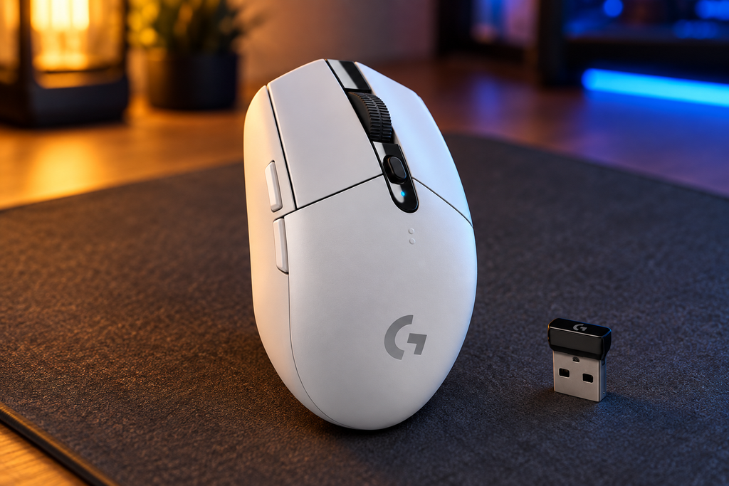 Logitech G304 LIGHTSPEED white wireless gaming mouse with USB receiver on a warm blue desk