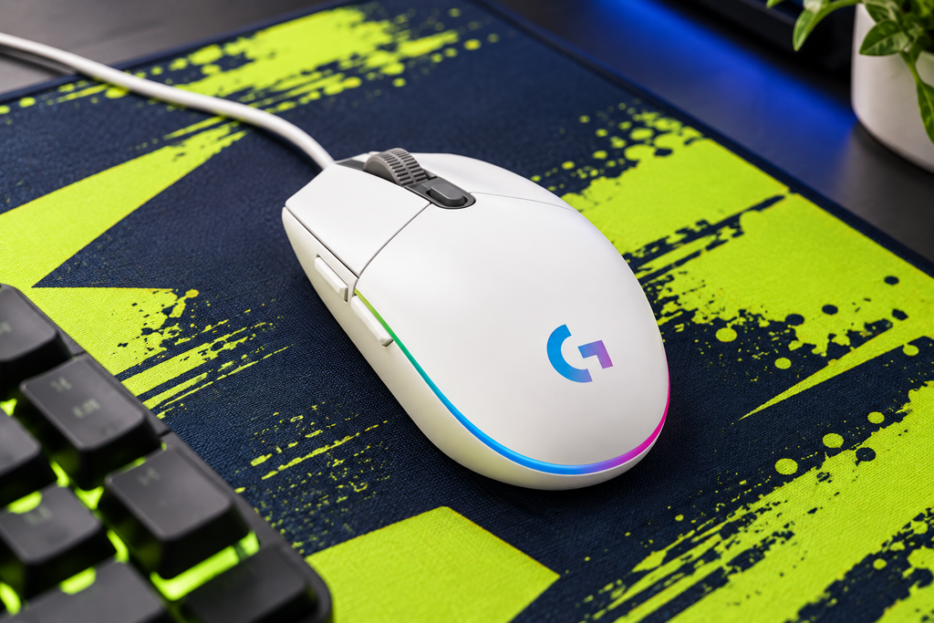 Logitech G102 LIGHTSYNC white wired gaming mouse on an acid-lime and navy desk mat