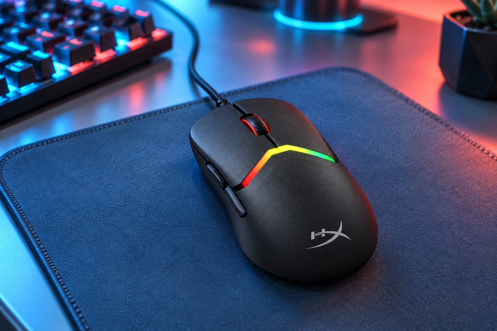 HyperX Pulsefire Saga black wired gaming mouse on an icy-blue and coral desk