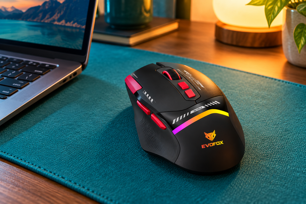 EvoFox Blaze 2 Wireless black multi-button gaming mouse on a turquoise desk mat