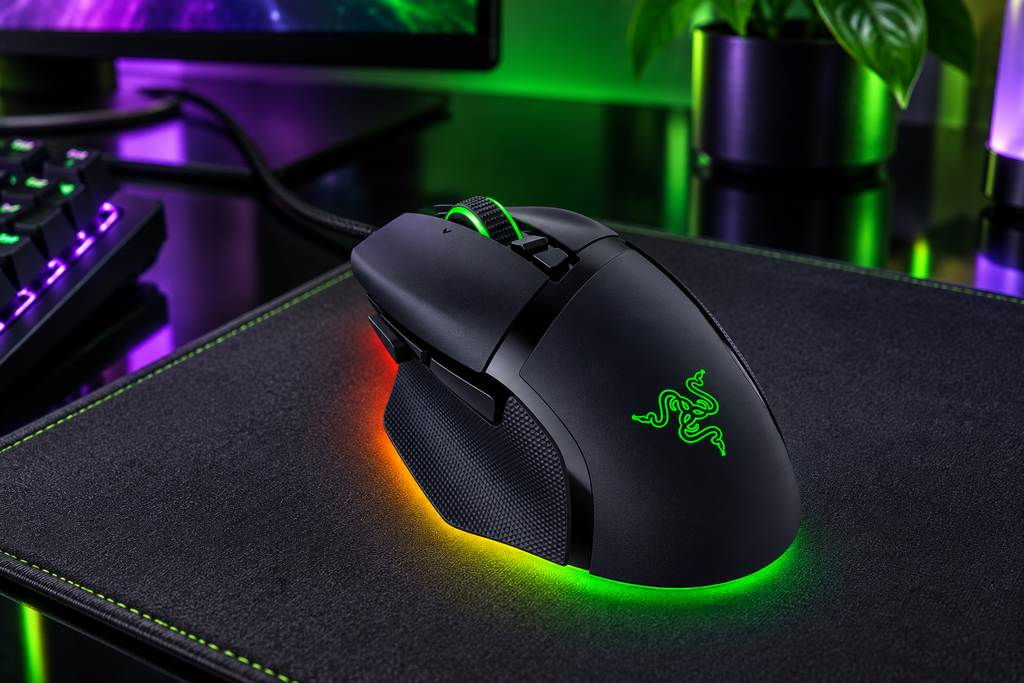 Razer Basilisk V3 black wired ergonomic gaming mouse on a neon-lit desk