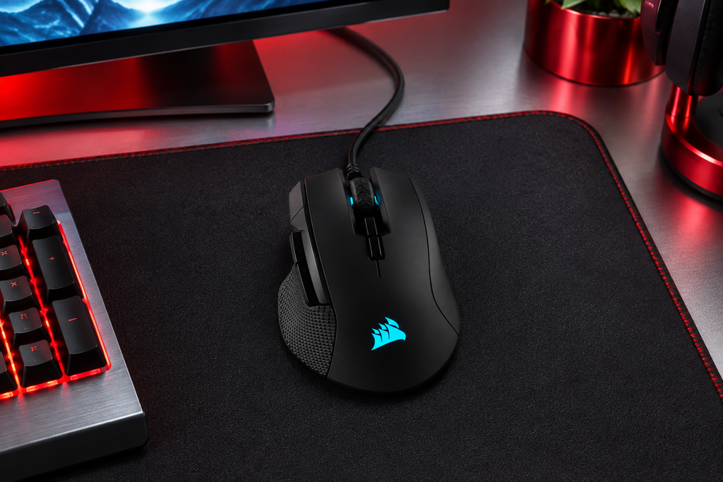 Corsair Ironclaw RGB black wired ergonomic gaming mouse in a red esports setup