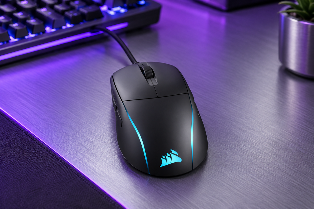 Corsair M75 black wired gaming mouse on a purple and silver gaming desk