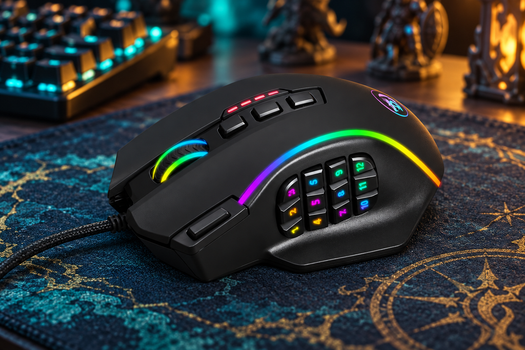 Redragon M901 black wired MMO gaming mouse with thumb keypad on a navy desk mat