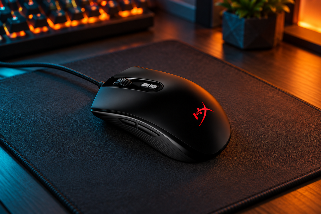 HyperX Pulsefire Core black wired gaming mouse on an orange and teal gaming desk