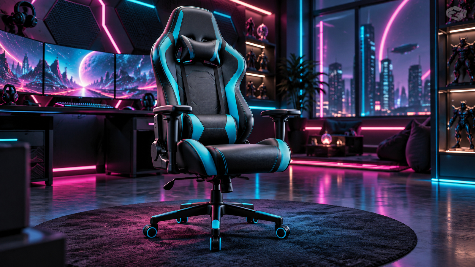 Cyan and black gaming chair in a neon esports room