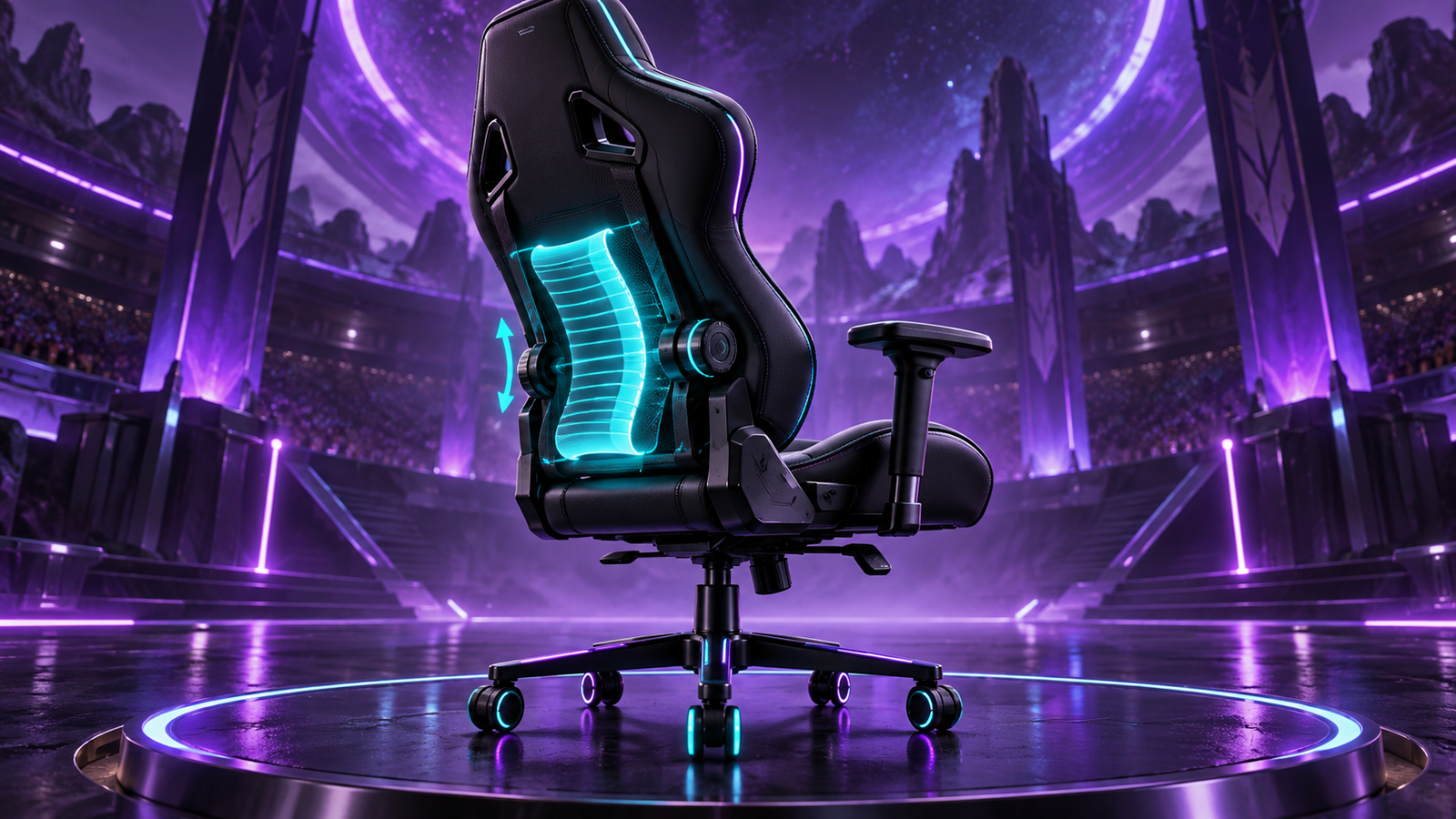 Gaming chair with glowing adjustable lumbar support in a purple arena