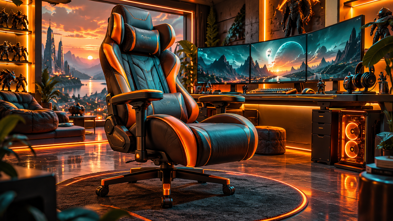 Oversized gaming chair in an orange and teal battlestation