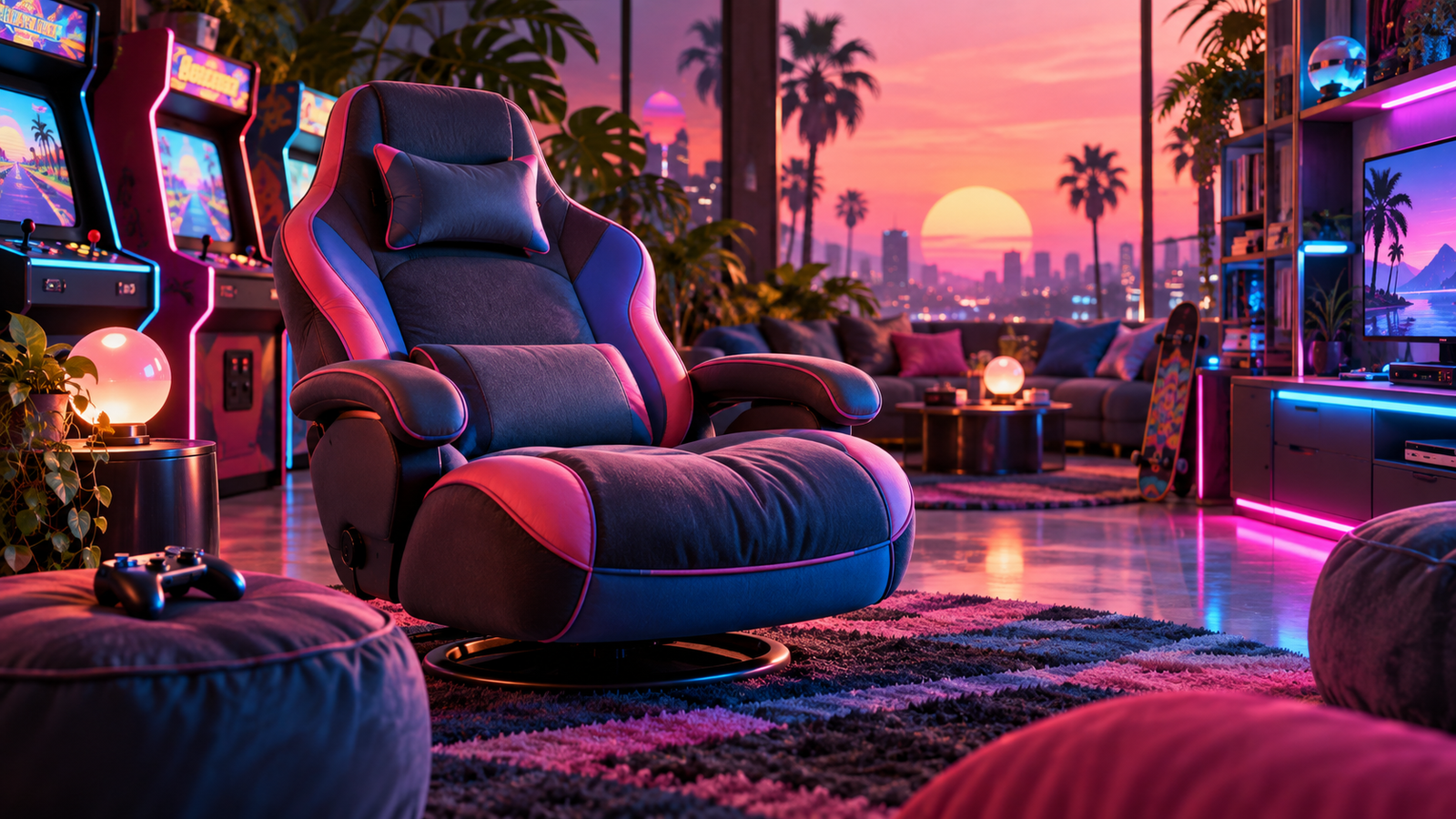 Relaxed wide-seat gaming chair in a neon arcade lounge