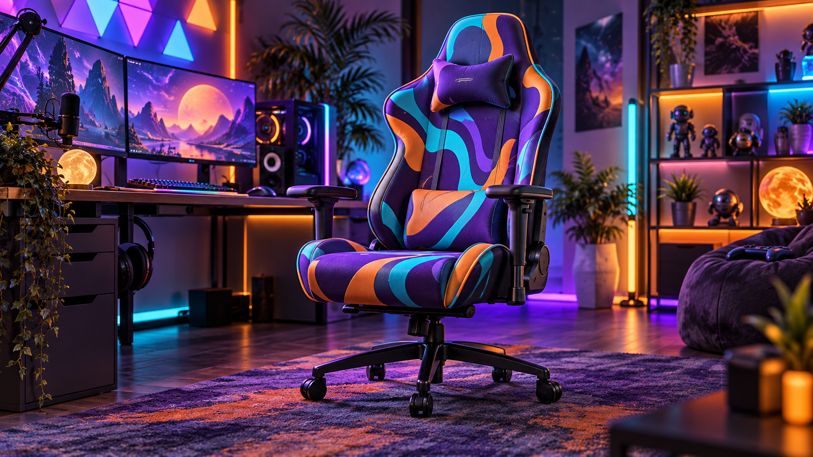 Colorful patterned gaming chair in an RGB streamer room