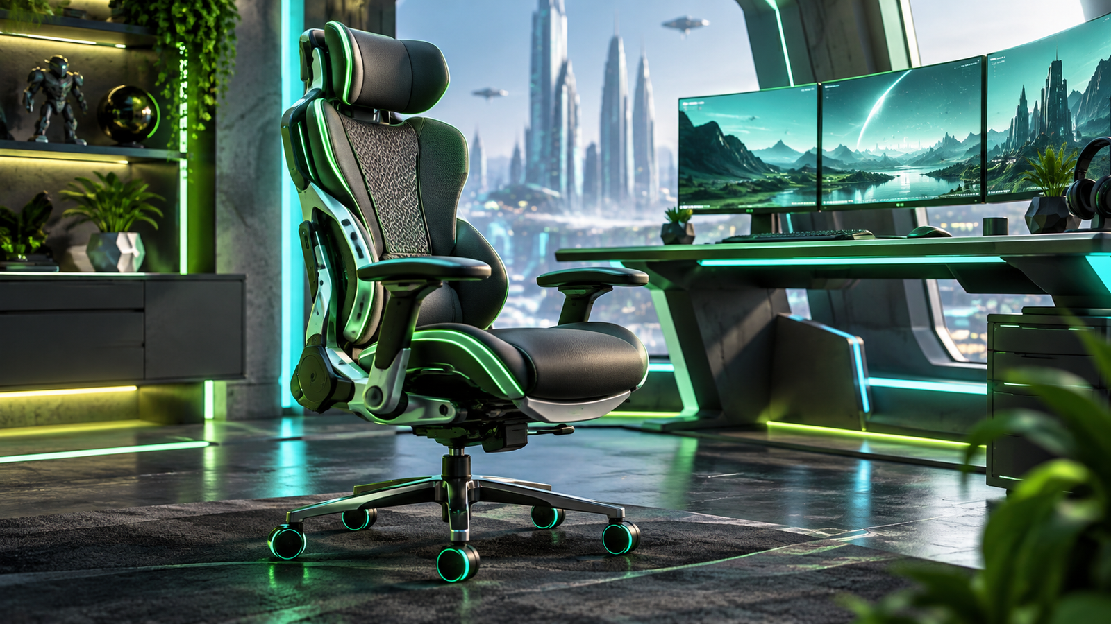 Hybrid office gaming chair in a futuristic workstation