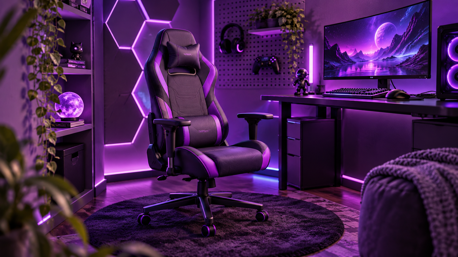 Compact gaming chair in a purple gamer nook