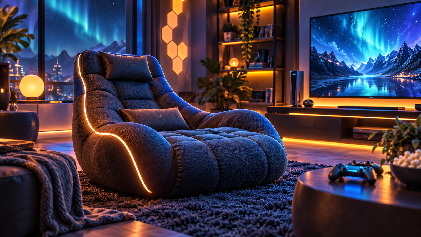 Wide relaxed gaming chair in a controller gaming room