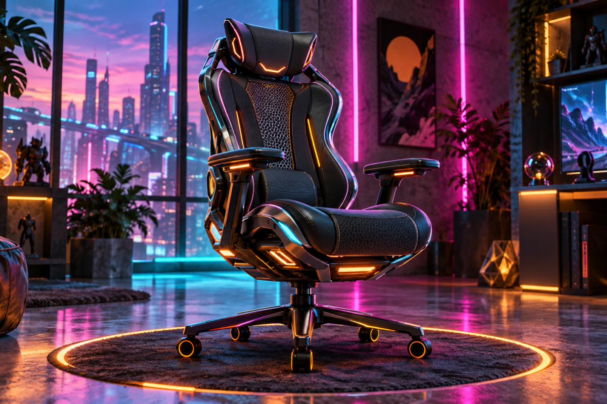 Futuristic gaming chair in a neon esports room