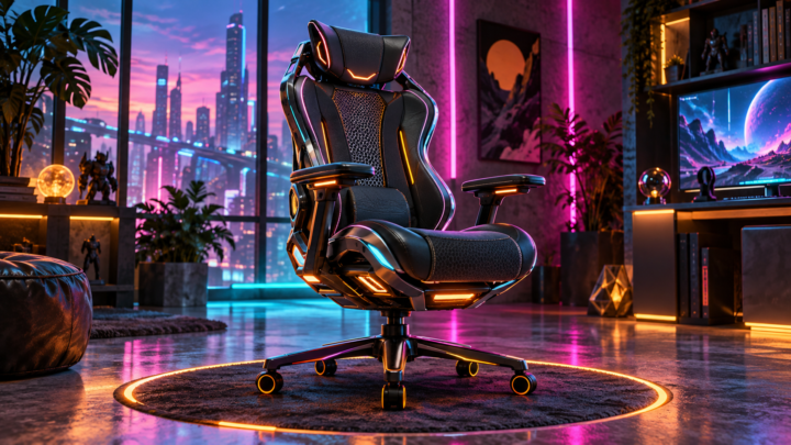 Futuristic gaming chair in a neon esports room