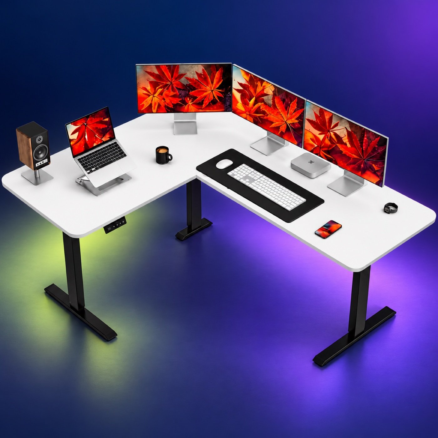 TEKAVO white L-shaped height-adjustable gaming desk