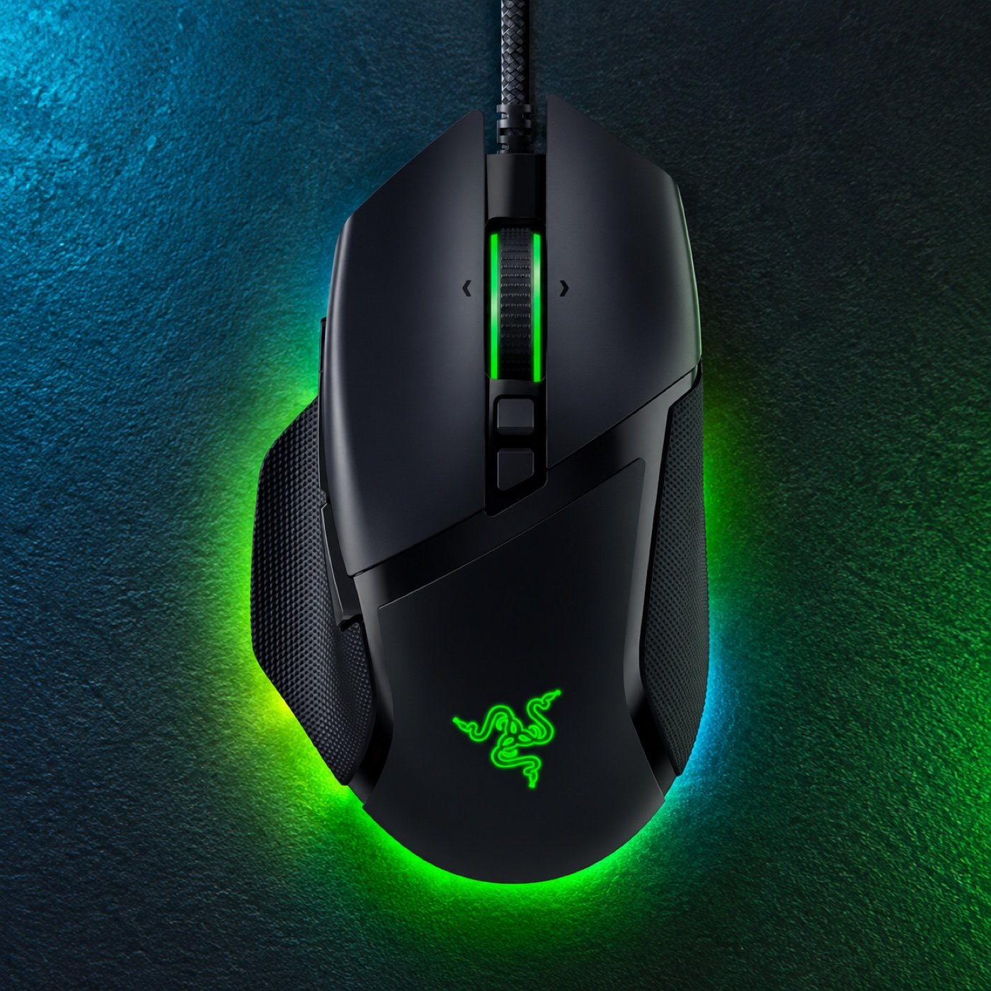 Razer Basilisk V3 gaming mouse with green lighting