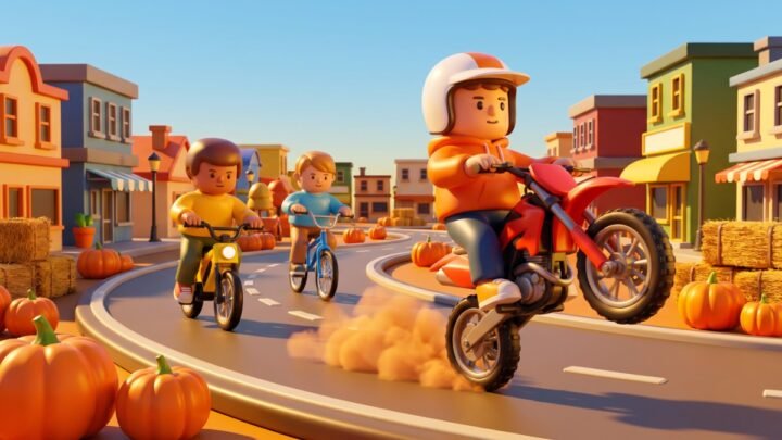Toy-style rider in an orange hoodie doing a wheelie on a red dirt bike, with riders on an electric bike and pedal bike behind, pumpkins on the road