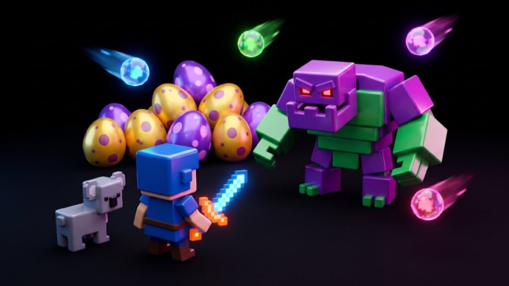 Blocky Roblox-style hero with sword facing a boss beside a nest of eggs