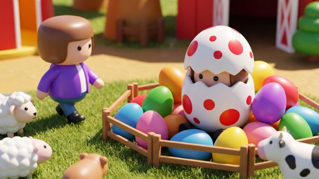 Toy figure peeking out of a giant red-spotted egg among colorful eggs in a pet pen while another figure walks past