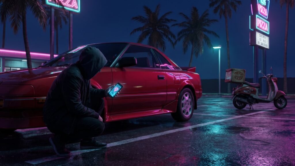 Hooded car thief with a phone crouching beside a red 1980s sports car in a neon-lit tropical parking lot, scooter behind