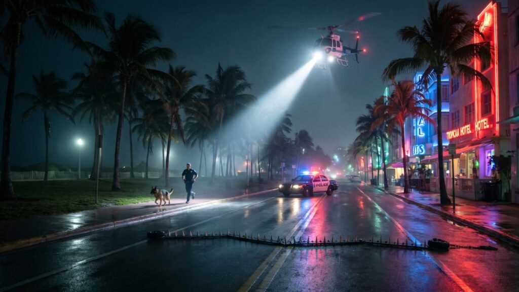 Night police chase in a neon tropical city with a helicopter searchlight, police dog and flashing lights on a wet street