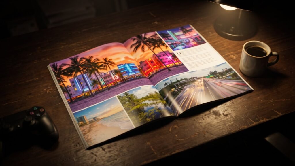 Open gaming magazine on a desk showing photos of a neon tropical city with palm trees, next to a game controller and coffee
