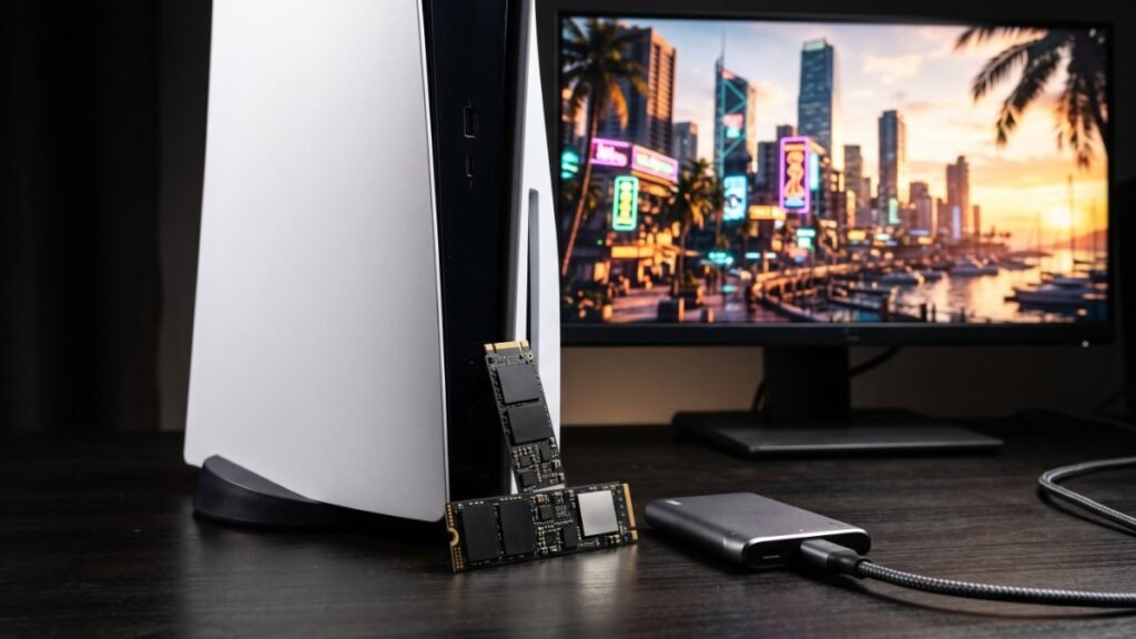 Game console next to an M.2 SSD and external drive for GTA 6 storage