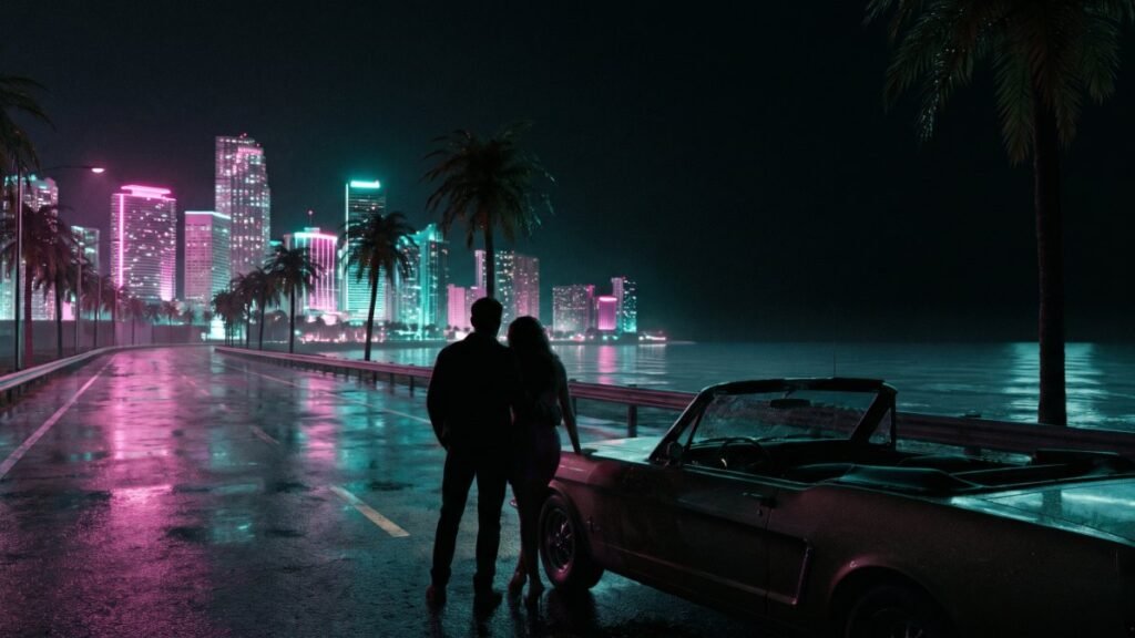 Couple silhouetted by a convertible near a neon city at night