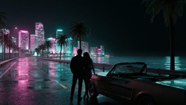 Couple silhouetted by a convertible near a neon city at night