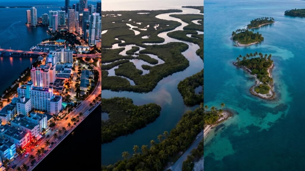 Neon coastal city, swamp and island chain at dusk