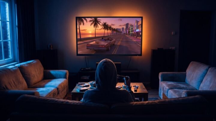 Solo gamer on a couch playing a single-player open-world game at night