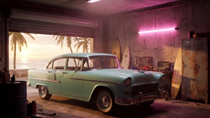 Vintage 1950s sedan in a beachside garage, inspired by the GTA 6 pre-order bonus