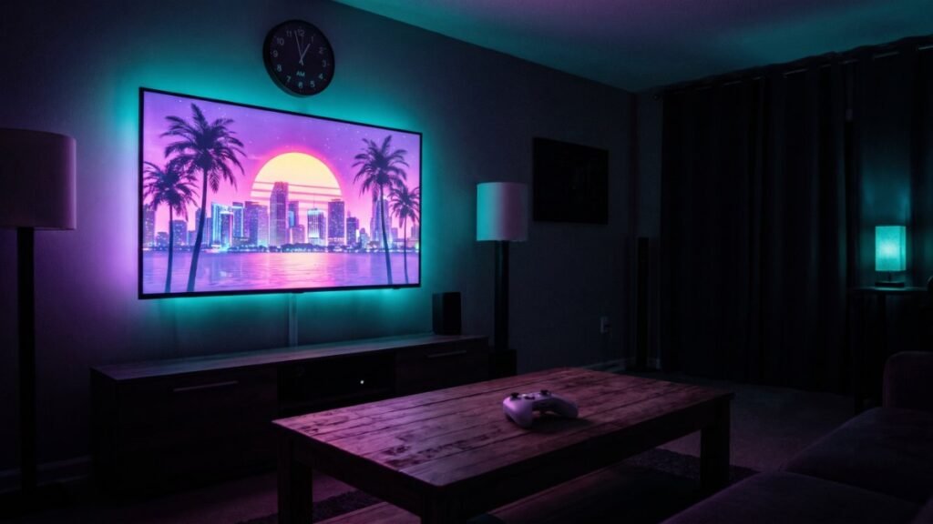 Gamer living room at midnight with a TV showing a neon tropical city, waiting for GTA 6 to unlock