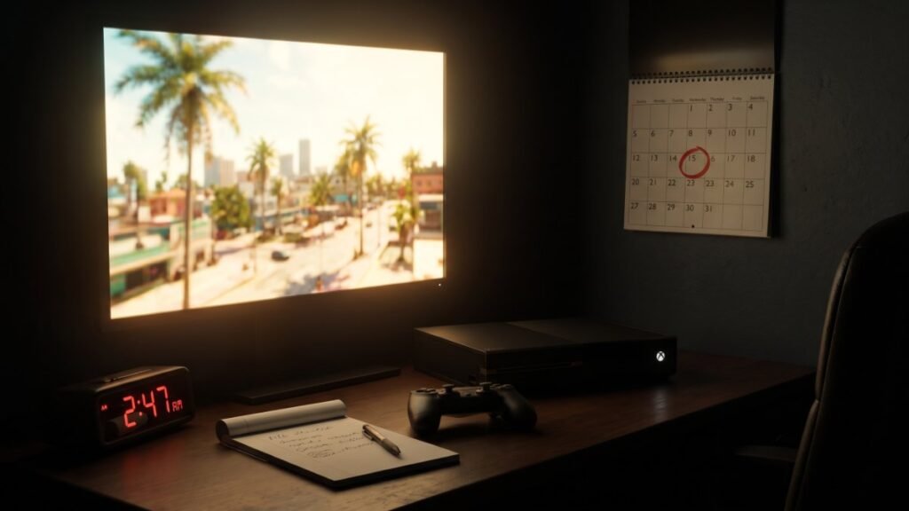 Game reviewer desk at night with a console, a monitor showing a sunny tropical city and a calendar with one day circled