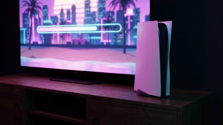Game console with a download progress bar on the TV, pre-loading GTA 6
