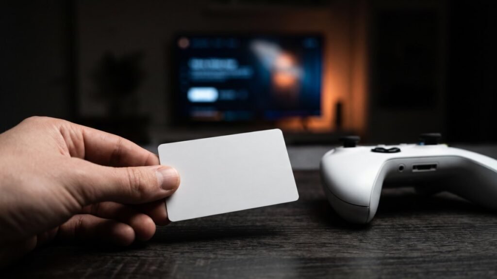 Hand holding a blank gift card next to a white game controller in a dark room