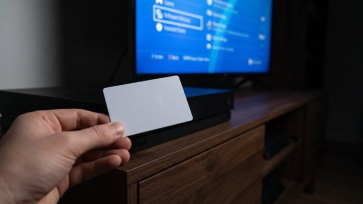 Hand holding a gift card in front of a game console in a dark living room