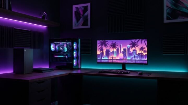 Gaming PC and console in a neon-lit room, is GTA 6 on PC