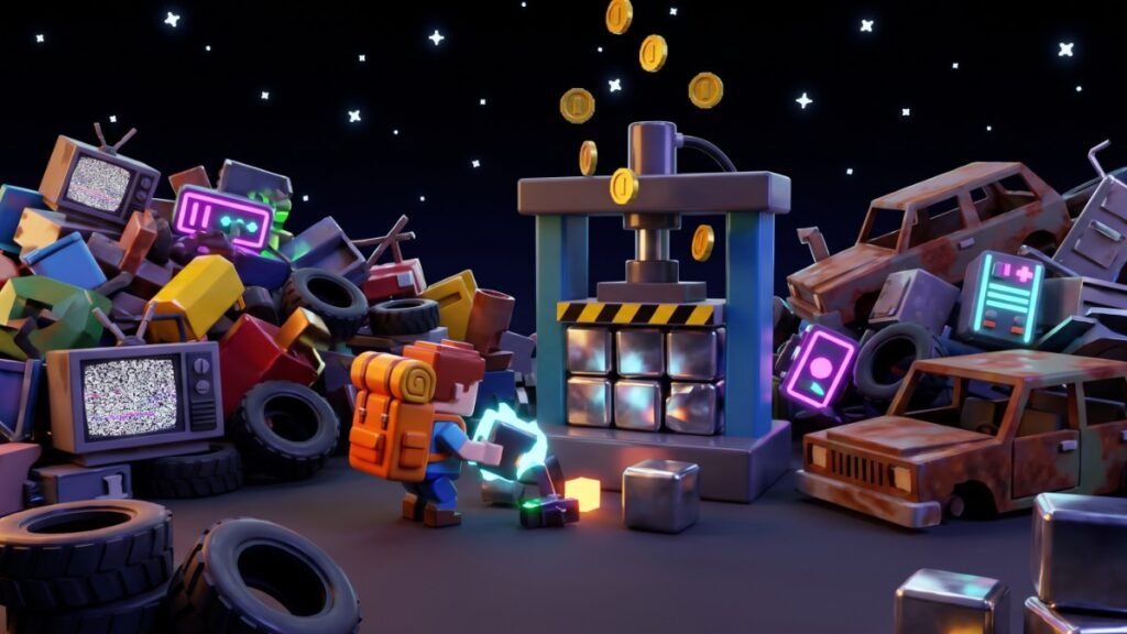 Blocky Roblox-style junkyard with scrap piles and a compressor machine