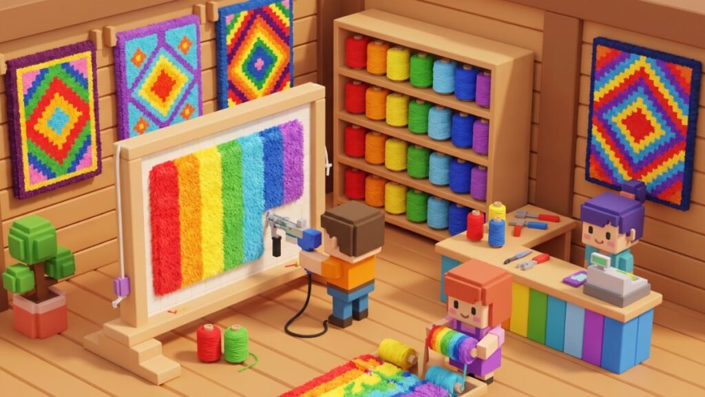 Blocky rug-making workshop with yarn and tufting frame, Make Rugs Roblox