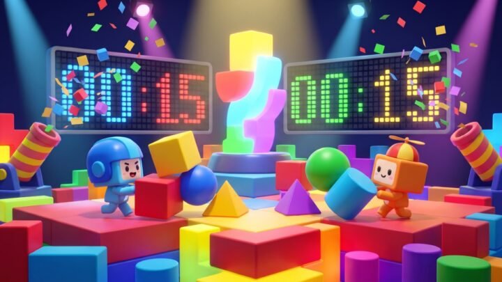 Blocky characters racing to build a logo on a game-show stage, Make The Logo Roblox