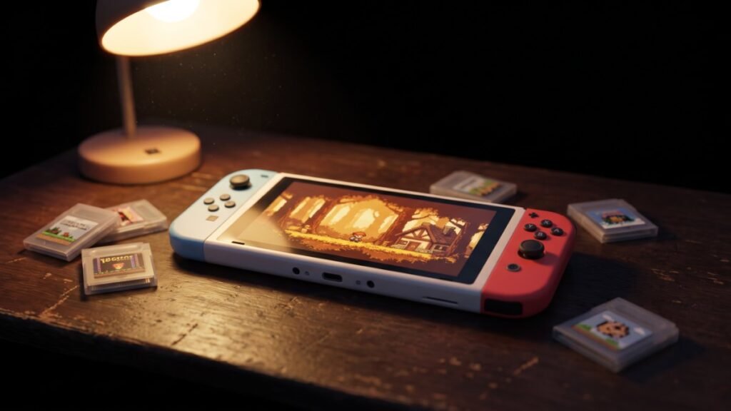 Handheld game console on a desk showing a cozy indie game
