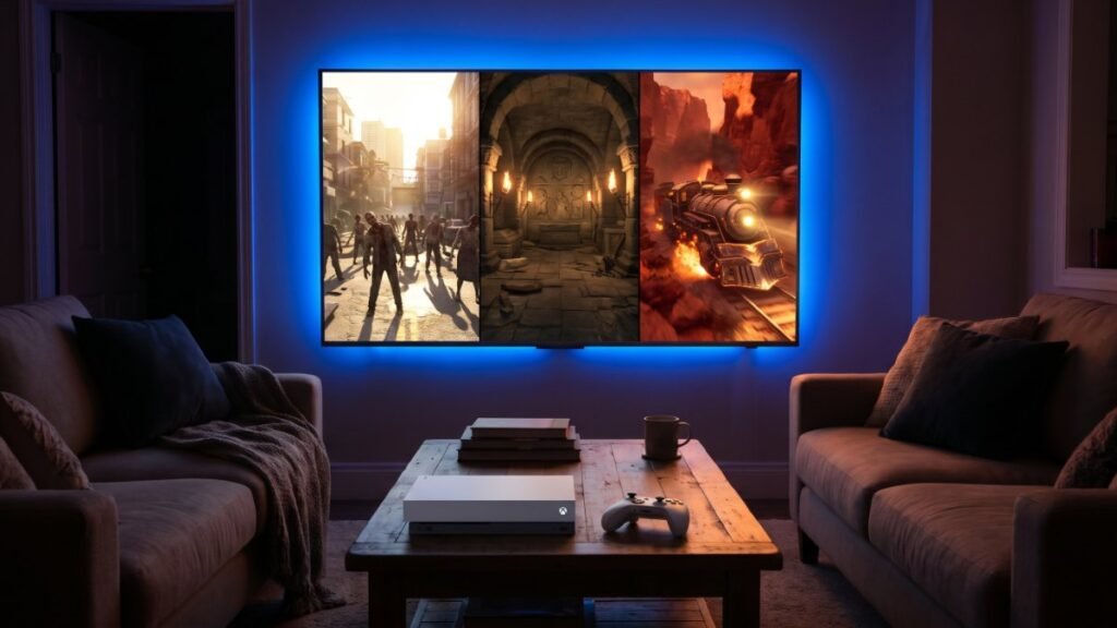 Living room TV showing a zombie city street, an ancient torch-lit tomb and a fiery train, with a game console on the table