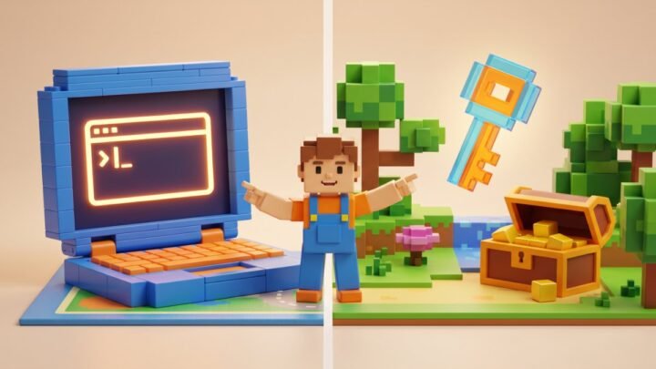 Blocky toy character choosing between a laptop code box and an in-game treasure chest