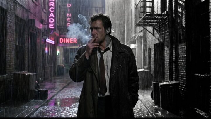 Noir detective in a trench coat in a rainy neon-lit 1980s alley