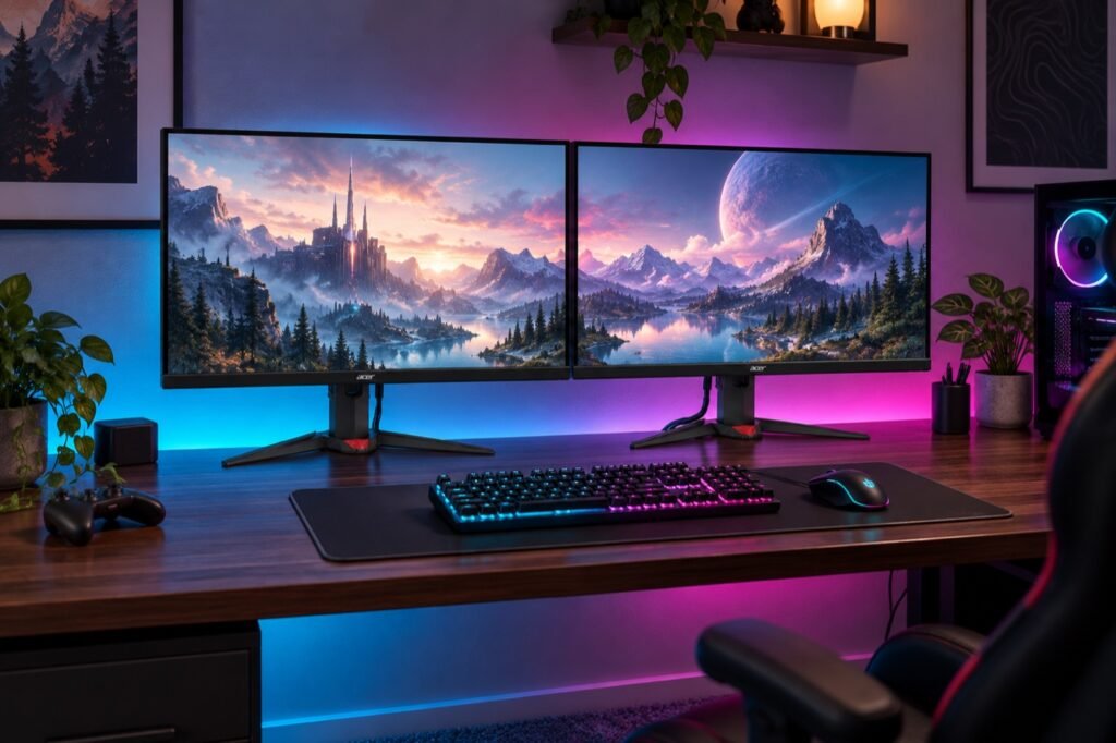 Dual-monitor gaming setup with cyan and magenta ambient lighting
