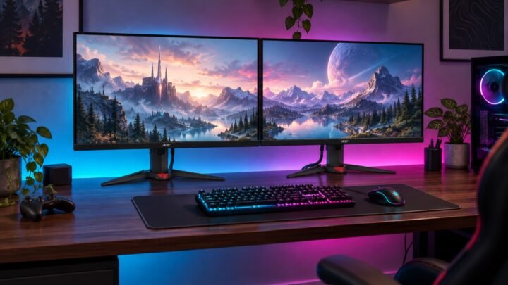 Dual-monitor gaming setup with cyan and magenta ambient lighting