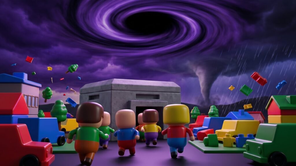 Toy figures running to a concrete bunker in a toy town as a black hole swirls overhead and a tornado approaches
